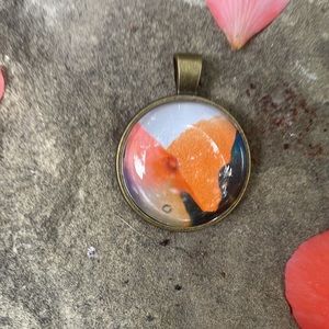 Orange Pink & White Alcohol Ink Art Pendant Under Domed Glass Set In Goldtone